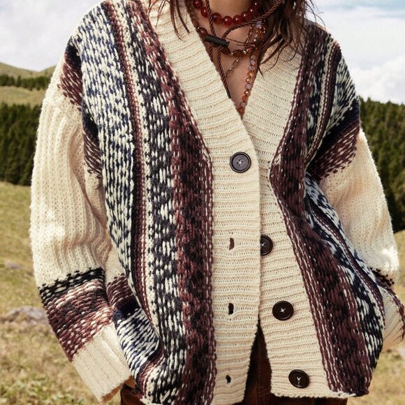 Apricot Boho Style Women's Geometric Striped Knitted Cardigan - Picture 3 of 6